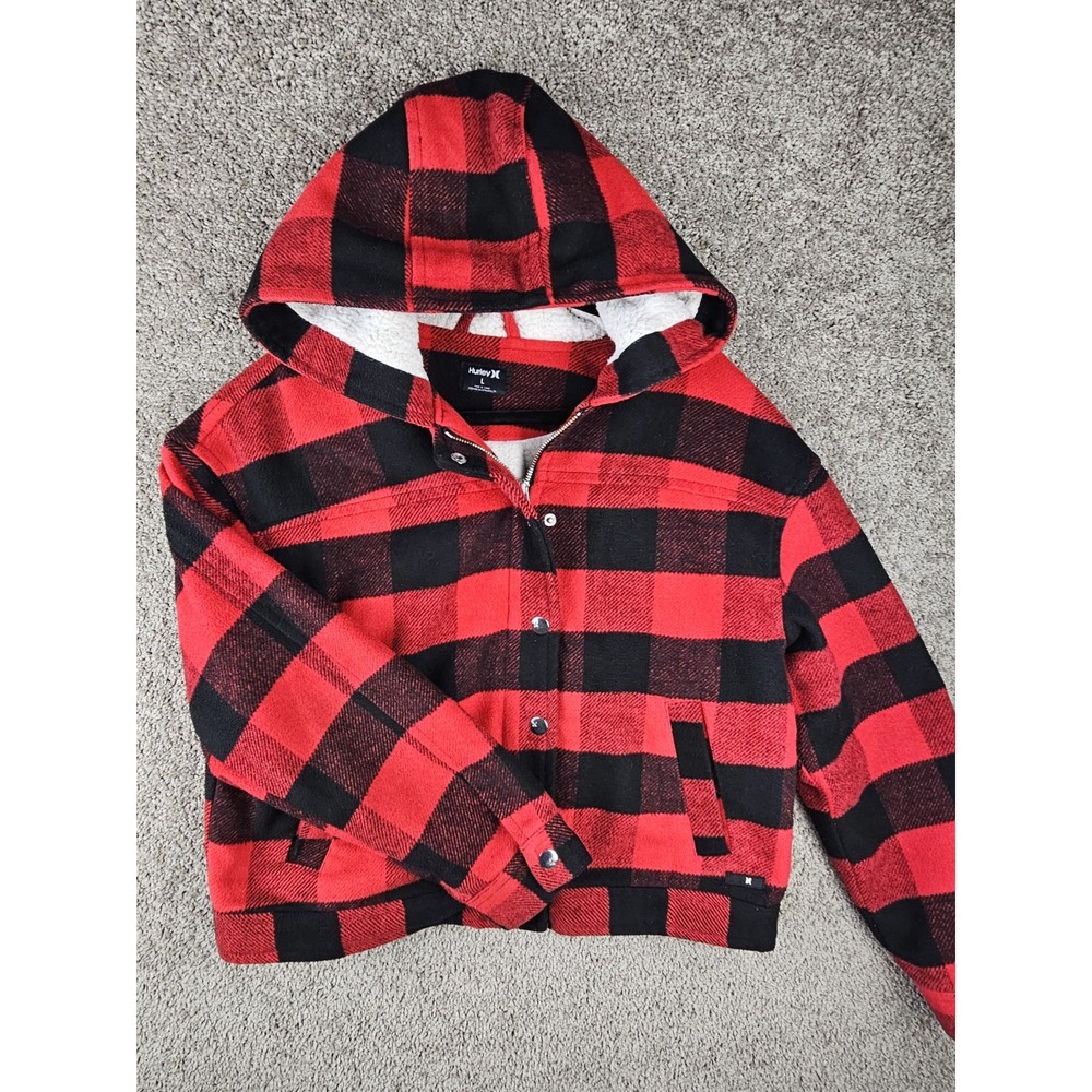 Hurley Buffalo Plaid Red Black Faux Sherpa Lined Hooded Winter Coat Women Large